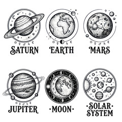 Hand-drawn Planets and Solar System Icons: Saturn, Earth, Mars, Jupiter, Moon © siti