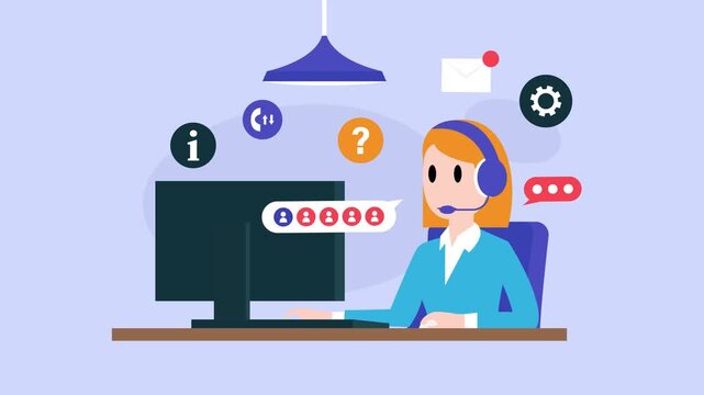 Customer Support Representative Working at Desk with Multi-Channel Communication Icons cartoon animation
