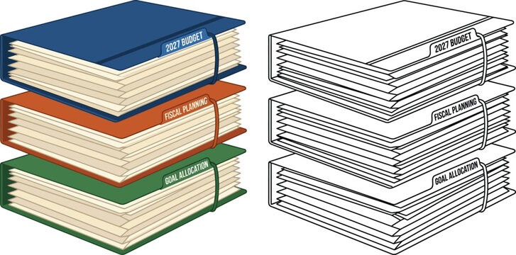 Title: Stack of Educational Books Learning Knowledge Vector Icon

Description: Full color and black and white line art vector illustration of a stack of closed books, representing education, studying,