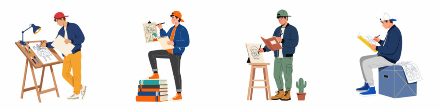 Set of creative young male artists and comic illustrators sketching characters and storyboards in various poses, isolated on a white background.