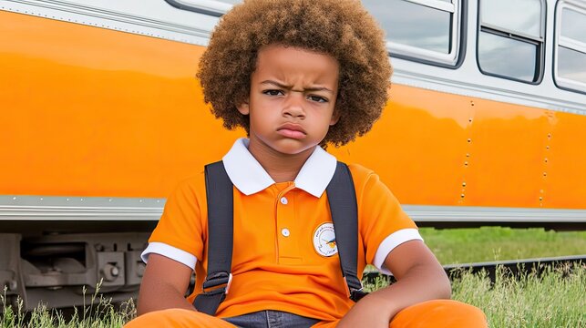 Grumpy boy sits by train, outdoor