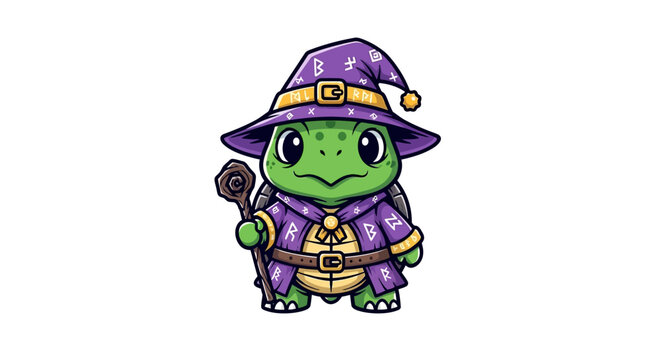 Cute cartoon turtle wizard with magic staff and hat, fantasy character, white background