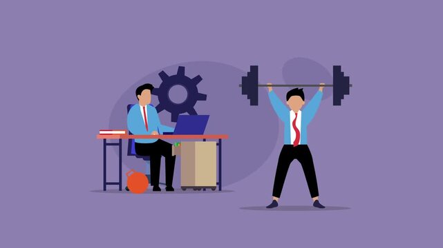Work Life Balance Concept with Businessman Working at Desk and Lifting Heavy Barbell cartoon animation