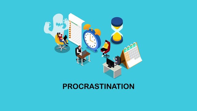 Procrastination and Time Management Concept with Isometric Business People and Deadline Symbols 3d animation cartoon