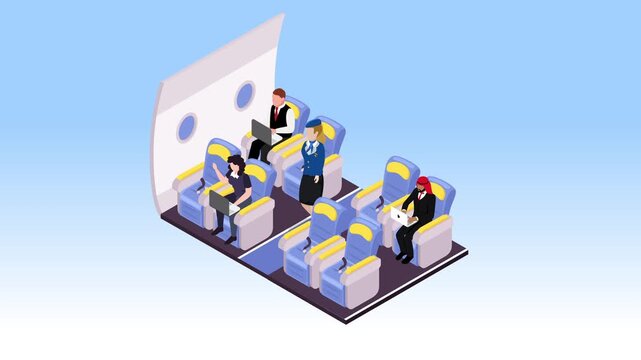 Airplane Cabin Interior, First Class Passengers and Flight Attendant 3d animation cartoon