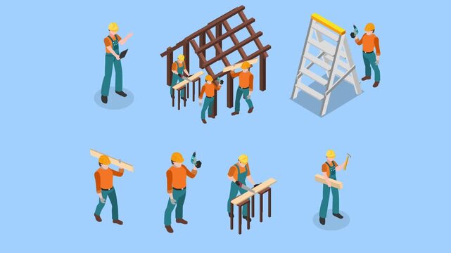 Builders and Carpenters Working on House Wood Frame Construction 3d animation cartoon