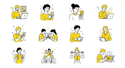 Fototapeta premium Diverse people using digital devices in yellow line art style