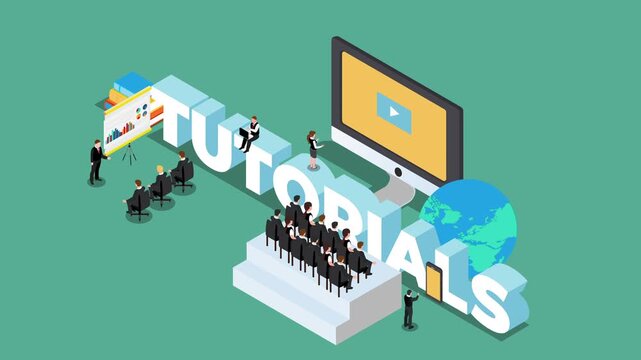 Online Video Tutorials and E-Learning Concept with Isometric Business People and Big Text 3d animation cartoon