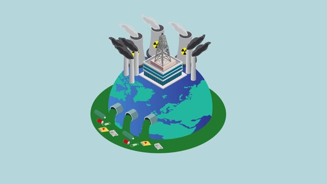Global Environmental Pollution Concept with Isometric Earth, Industrial Factories, and Waste Drainage 3d animation cartoon