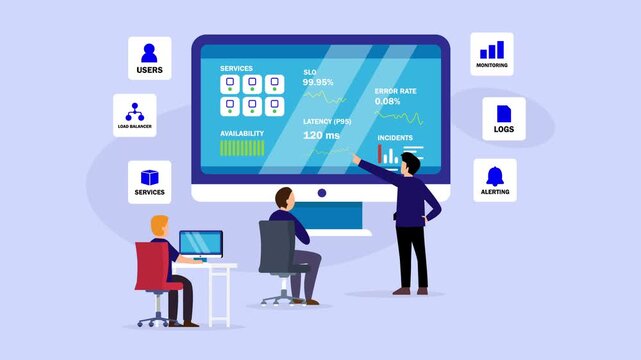 DevOps Team Monitoring System Performance and Server Metrics Dashboard cartoon animation