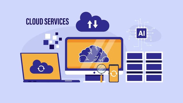 Cloud Computing Services and Artificial Intelligence Data Storage cartoon animation