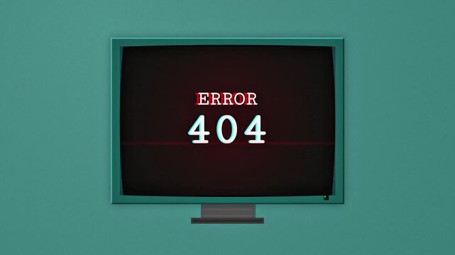 Retro computer screen displaying error 404 message with digital glitch effect