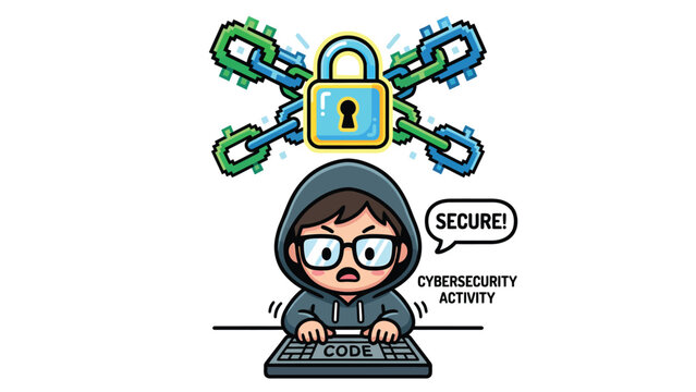 Cartoon hacker character typing on a keyboard with a padlock and chains symbolizing cybersecurity and data protection.