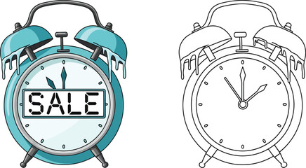 Fototapeta premium Cartoon vector illustration of a frozen alarm clock with SALE text on its face perfect for winter promotions seasonal discounts or limited time offers
