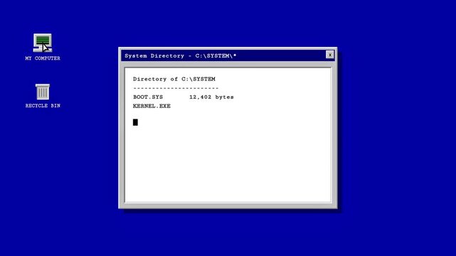 Vintage computer desktop with system directory display and loading resources