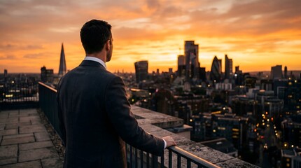 Fototapeta premium Businessman overlooking city skyline at sunset celebrating labor day and urban success