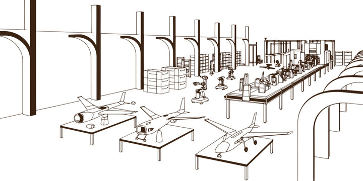 Military Drone Manufacturing Factory with Assembly Line Art, UAV Production Facility Engineering Sketch, Aerospace Defense Technology Industrial Vector Illustration