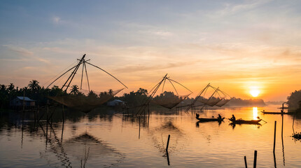 Fototapeta premium Traditional Chinese Fishing Nets at Sunrise on Tropical River Landscape
