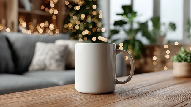 White ceramic mug mockup on wooden table with sofa and Christmas lights, top angle view showing inside of cup, centered product, soft lighting, ultra high definition