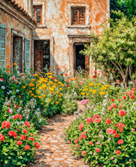Naklejka premium the flowers amidst the ruins of the setting. Oil painting