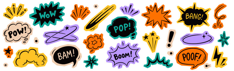Fototapeta premium Comic boom cartoon sticker set. Hand drawn comic boom sticker with paper scrapbook collage cutout texture. Wow speech bubble burst explosion dialog grunge ripped elements. Vector illustration