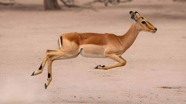 A thomsons gazelle running on a sandy savannah with a natural background