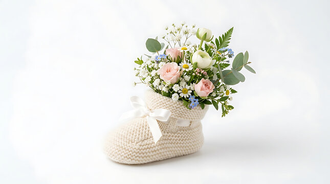 Knitted Baby Bootie Filled with Delicate Flowers