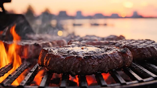 Juicy ribeye steaks grilling on a barbecue with open flames at sunset against a blurred city skyline and waterfront