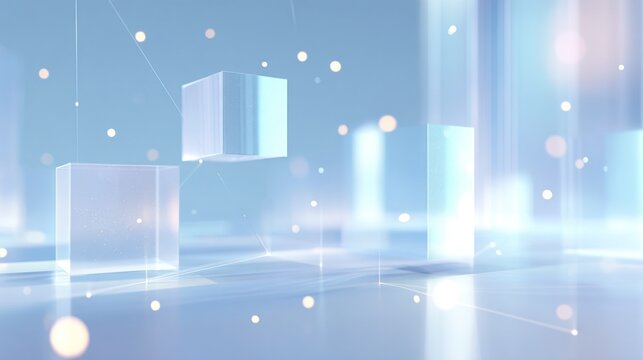 Frosted glass cubes floating in soft blue AI network abstract ba