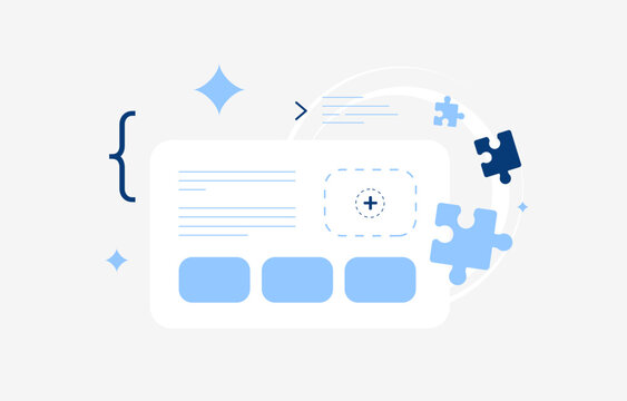 Website plugin for ecommerce CMS with customizable modules and extension components. Enhance website functionality, improve digital marketing and expand platform features vector illustration.