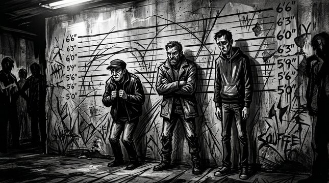 Gritty black and white illustration of suspects in a police lineup against a height chart wall, criminal investigation concept