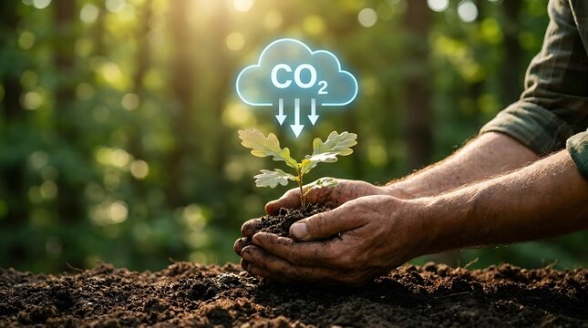 Farmer hands holding a young oak sapling with a glowing CO2 reduction cloud, symbolizing carbon offset and environmental conservation
