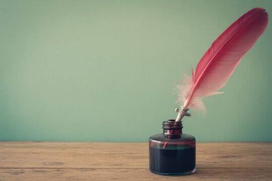 Vintage pink feather quill pen in a glass inkwell on a wooden desk