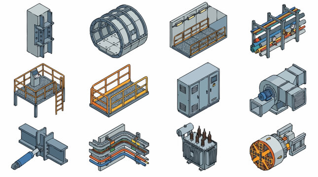 Isometric pixel art collection of industrial equipment and components.