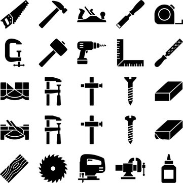 Group of woodworking and DIY tools icons in flat style on transparent background for design and illustration use.