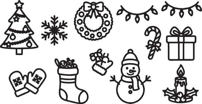 Christmas and winter holiday elements black and white illustrations with line art christmas tree candy cane christmas elements collection illustrations clip art stocking snowflake