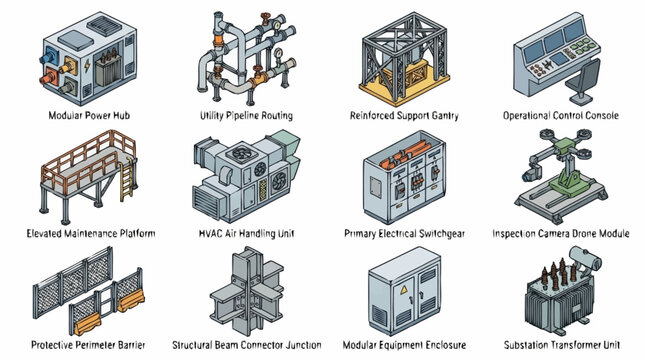 Collection of Industrial Equipment and Structures in Isometric View.