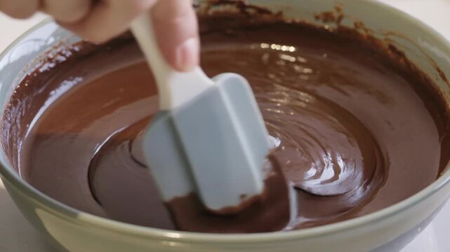 Rich dark chocolate sauce slowly pouring into a creamy bowl, smooth texture, delicious dessert ingredient