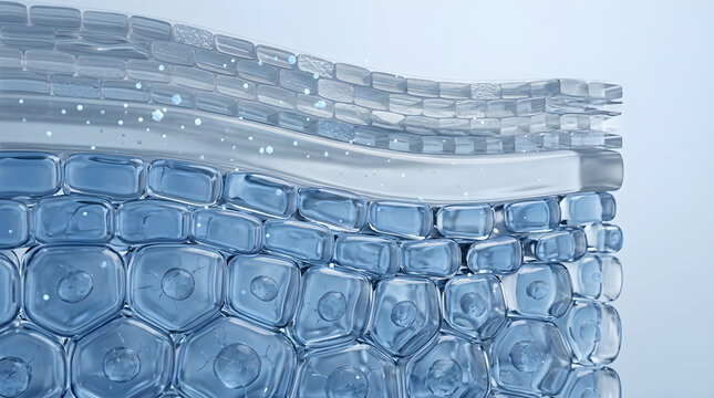 Microscopic view shows intense hydration absorbing within cellular barriers.Improves density and restores a healthy smooth texture. 3D rendering.