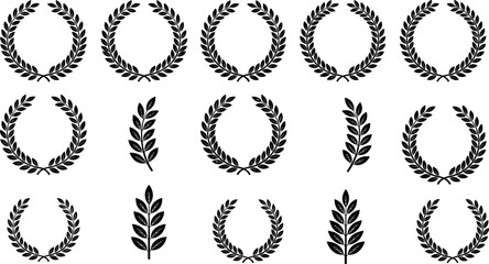 Stylized collection of black laurel wreath and branch vector designs showcasing victory symbols, honor emblems, and decorative achievement elements © creativeDesigner2023