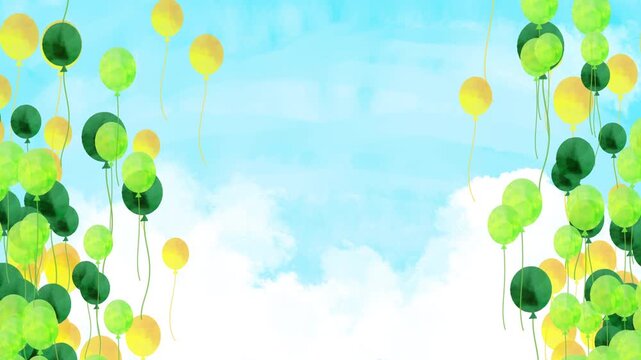 水彩風　左右に緑多めのバルーンがふわふわ飛んでいくフレーム[背景青空] Happy Series:Watercolor-style frame with lots of green balloons floating on either side.[Blue sky background]