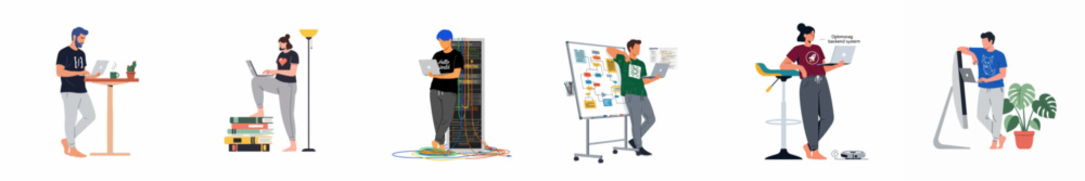Set of flat vector illustrations depicting diverse programmers and developers working on laptops in various home office and data center environments.