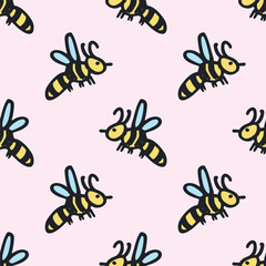 Naklejka premium Seamless pattern with hand drawn happy funny cute honey bee Adorable flying striped insect friendly kawaii bumble bee For kids print, wrapping paper, packaging, fabric