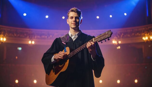Young Man in Graduation Robes Playing Guitar on Stage with Lights.