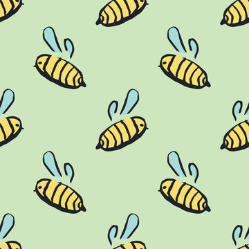 Seamless pattern with hand drawn happy funny cute honey bee Adorable flying striped insect friendly kawaii bumble bee For kids print, wrapping paper, packaging, fabric