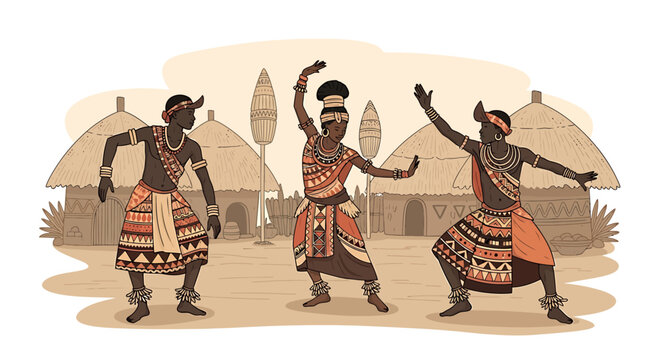 Three African dancers in traditional clothing.