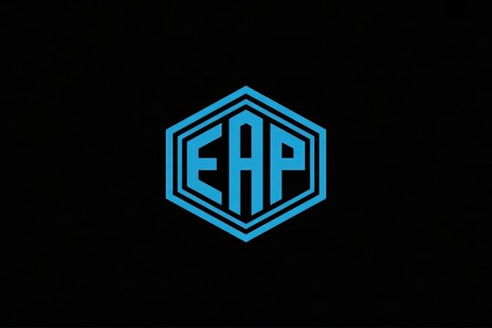 EAP monogram logo inside a neon blue hexagon outline against a dark background