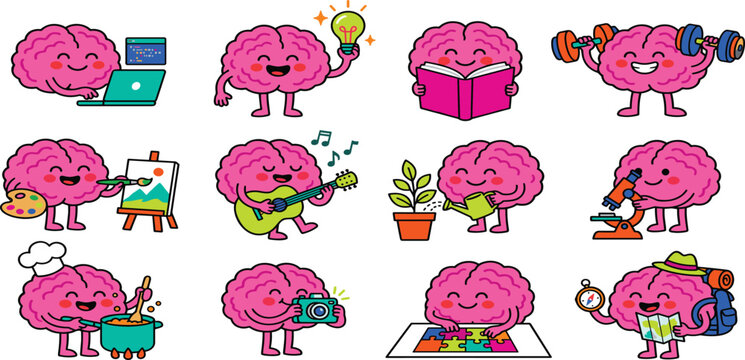 Cute Brain Character Vector Set Engaging in Creative Activities Hobbies and Education Including Coding Reading Gardening and Fitness for Sticker Graphic Designs