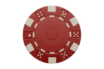 Naklejka premium A red casino poker chip with white edge markings and dice dot patterns, viewed from a top-down perspective, isolated on a black background