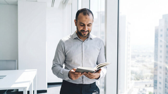 Business professional man reading book by bright office window for workplace mental health wellness and mindfulness self-development practice